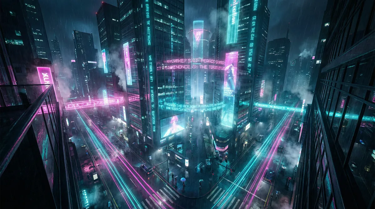 中文字字幕乱码视频 竖屏短剧平台首页背景 - 赛博朋克都市夜景